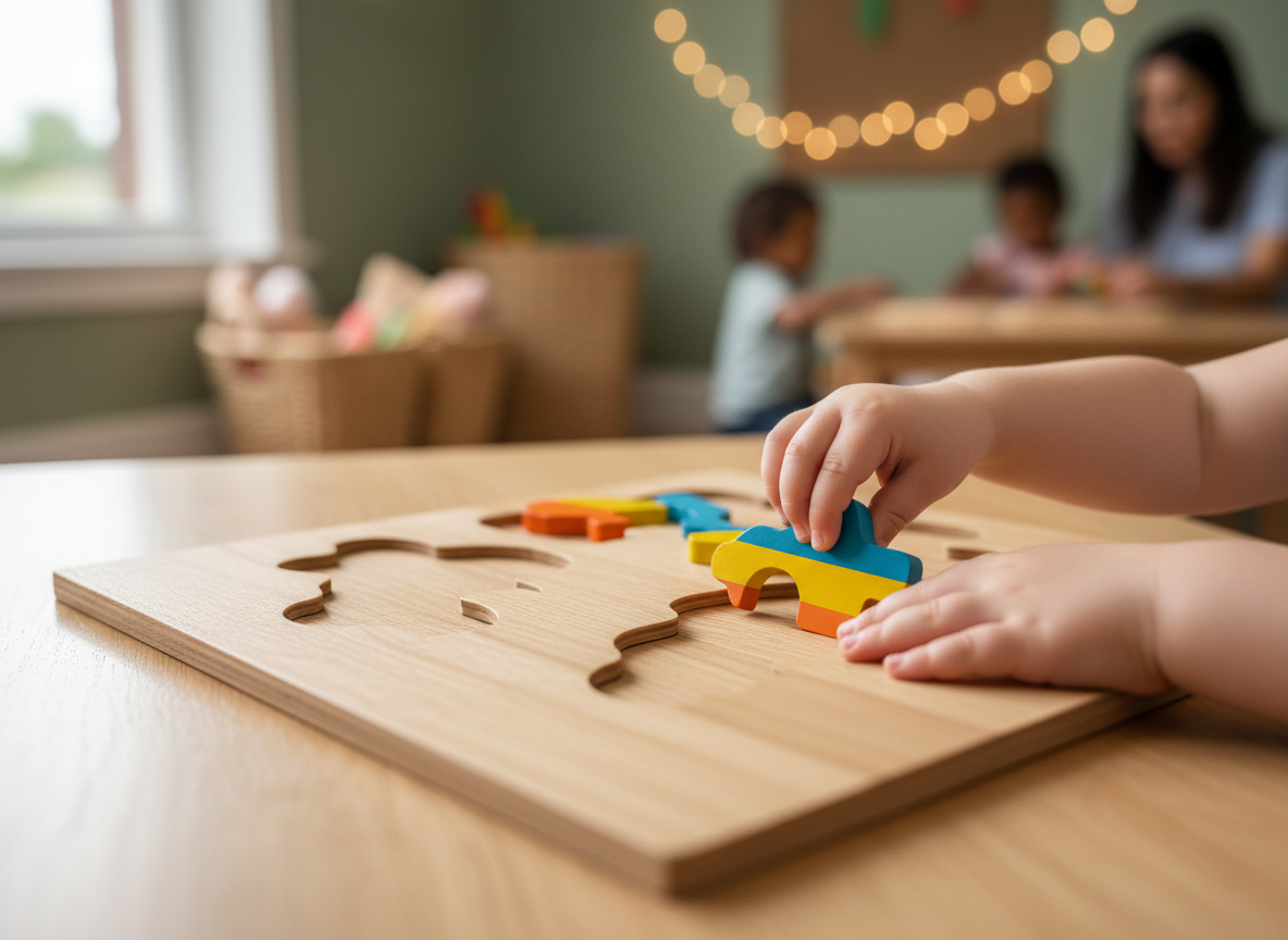 Kind dat geconcentreerd werkt met een houten puzzel